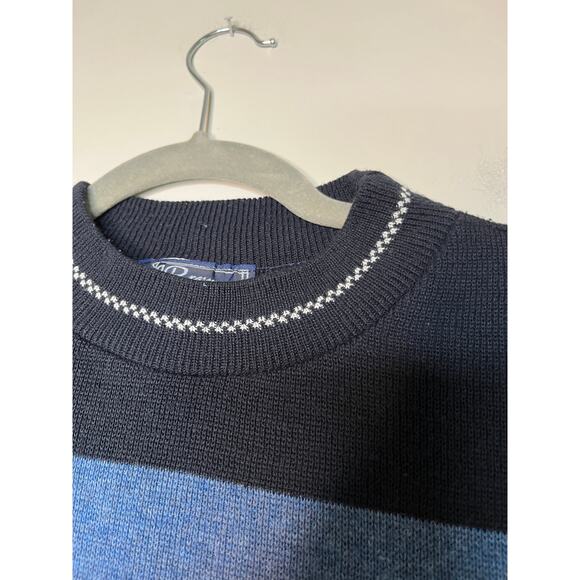 1980s JJ Browne Dusty Blue Navy Checker Striped Boxy Acrylic Mock Neck Sweater M - Picture 4 of 6